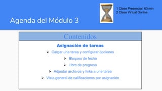 Agenda del Módulo 3
Contenidos
Asignación de tareas
 Cargar una tarea y configurar opciones
 Bloqueo de fecha
 Libro de progreso
 Adjuntar archivos y links a una tarea
 Vista general de calificaciones por asignación
1 Clase Presencial 60 min
2 Clase Virtual On line
 