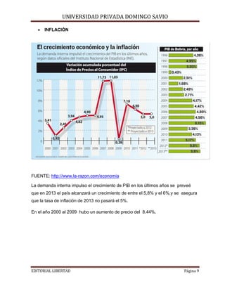 •

UNIVERSIDAD PRIVADA DOMINGO SAVIO

INFLACIÓN

FUENTE: http://www.la-razon.com/economia
La demanda interna impulso el crecimiento de PIB en los últimos años se preveé
que en 2013 el país alcanzará un crecimiento de entre el 5,8% y el 6%,y se asegura
que la tasa de inflación de 2013 no pasará el 5%.
En el año 2000 al 2009 hubo un aumento de precio del 8.44%.

EDITORIAL LIBERTAD

Página 9

 