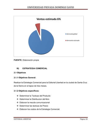 UNIVERSIDAD PRIVADA DOMINGO SAVIO

Ventas estimada 6%

demanda global

demanda estimada

FUENTE: Elaboración propia

III)

ESTRATEGIA COMERCIAL

3.1 Objetivos
3.1.1 Objetivos General:
Realizar la Estrategia Comercial para la Editorial Libertad en la ciudad de Santa Cruz
de la Sierra en el lapso de tres meses.
3.1.2 Objetivos específicos:
 Determinar la Tacticas del Producto
 Determinar la Distribucion del libro
 Elaborar la mezcla comunicacional
 Determinar las tácticas de Precio
 Elaborar los costos de la Estrategia Comercial.
EDITORIAL LIBERTAD

Página 20

 