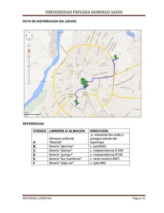 UNIVERSIDAD PRIVADA DOMINGO SAVIO

RUTA DE DISTRIBUCION DIA JUEVES

REFERENCIAS

CODIGO LIBRERÍA O ALMACEN

A
B
C
D
E
F

Almacen editorial
"libertad"
librería "glorimar"
librería "ateneo"
librería "guingui"
librería "los huerfanos"
librería "siglo xxi"

EDITORIAL LIBERTAD

DIRECCION
p. industrial 4to anillo y
paragua detrás del
hipermaxi
c. pari#245
c. independencia # 365
c. independencia #138
c. rene moreno #501
c. ipita #90

Página 32

 