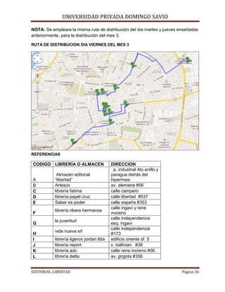 UNIVERSIDAD PRIVADA DOMINGO SAVIO

NOTA: Se empleara la misma ruta de distribución del dia martes y jueves enseñadas
anteriormente, para la distribución del mes 3.
RUTA DE DISTRIBUCION DIA VIERNES DEL MES 3

REFERENCIAS

CODIGO LIBRERÍA O ALMACEN

A
B
C
D
E
F
G
H
I
J
K
L

Almacen editorial
“libertad”
Artesco
librería fatima
librería papel cruz
Saber es poder
librería ribera hermanos
la juventud
vida nueva srl
librería ligeron jordan ltda
librería report
librería adc
librería delta

EDITORIAL LIBERTAD

DIRECCION
p. industrial 4to anillo y
paragua detrás del
hipermaxi
av. alemana #56
calle campero
calle libertad #537
calle españa #353
calle ingavi y rene
moreno
calle independencia
esq. ingavi
calle independencia
#173
edificio oriente of. 5
c. ballivian #38
calle rene moreno #56
av. grigota #356
Página 36

 
