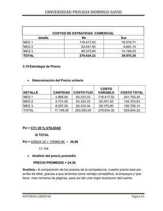 UNIVERSIDAD PRIVADA DOMINGO SAVIO

detalle
MES 1
MES 2
MES 3
TOTAL

COSTOS DE ESTRATEGIA COMERCIAL
Bs
118.417,02
62.041,50
99.375,80
279.834,32

$us
16.916,71
8.863,15
14.196,53
39.976,39

3.10 Estrategia de Precio

•

Determinación del Precio unitario

DETALLE
MES 1
MES 2
MES 3
TOTAL

CANTIDAD
2.866,00
5.731,00
8.597,00
17.194,00

COSTO FIJO
83.333,33
83.333,33
83.333,34
250.000,00

COSTO
VARIABLE
118.417,02
62.041,50
99.375,80
279.834,32

COSTO TOTAL
201.750,35
145.374,83
182.709,14
529.834,32

PU = CT+ 20 % UTILIDAD
Q TOTAL
PU = 529834.32 + 105966,86 = 36,98
17.194
•

Analisis del precio promedio
PRECIO PROMEDIO = 24,38

Analisis.- A comparación de los precios de la competencia, nuestro precio esta por
arriba de ellos, gracias a que tenemos como ventaja competitiva, el empaque y que
tiene mas números de páginas, para asi dar una mejor ilustracion del cuento.

EDITORIAL LIBERTAD

Página 63

 