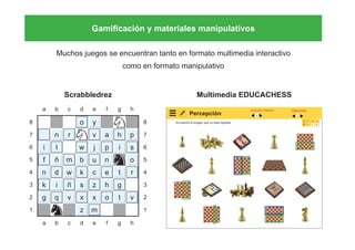 Gamificación y materiales manipulativos
Encuentra la imagen que no està repetida.
Percepción
Encontrar imágenes Ejercicios
24
0 57
m s2
1
4
5
6
7
8
3
2
1
4
5
6
7
8
3
2
1
a b c d e f g h
a b c d e f g h
i
f
n
k
g
n
l
ñ
d
i
q
r
m
w
ñ
v
o
w
b
k
s
x
z
v
y
j
u
c
z
x
m
a
p
n
e
h
o
h
i
t
g
t
p
s
o
r
v
Scrabbledrez Multimedia EDUCACHESS
Muchos juegos se encuentran tanto en formato multimedia interactivo
como en formato manipulativo
 
