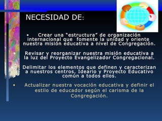NECESIDAD DE:
•
Crear una “estructura” de organización
internacional que fomente la unidad y oriente
nuestra misión educativa a nivel de Congregación.
•
•

•

Revisar y reorganizar nuestra misión educativa a
la luz del Proyecto Evangelizador Congregacional.
Delimitar los elementos que definen y caracterizan
a nuestros centros. Ideario y Proyecto Educativo
común a todos ellos.
Actualizar nuestra vocación educativa y definir el
estilo de educador según el carisma de la
Congregación.

 