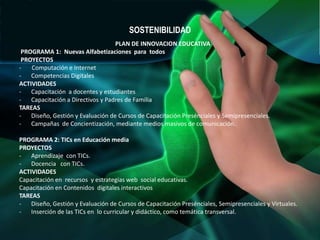 SOSTENIBILIDAD
                                 PLAN DE INNOVACION EDUCATIVA
 PROGRAMA 1: Nuevas Alfabetizaciones para todos
 PROYECTOS
-   Computación e Internet
- Competencias Digitales
ACTIVIDADES
- Capacitación a docentes y estudiantes
- Capacitación a Directivos y Padres de Familia
TAREAS
- Diseño, Gestión y Evaluación de Cursos de Capacitación Presénciales y Semipresenciales.
- Campañas de Concientización, mediante medios masivos de comunicación.

PROGRAMA 2: TICs en Educación media
PROYECTOS
- Aprendizaje con TICs.
- Docencia con TICs.
ACTIVIDADES
Capacitación en recursos y estrategias web social educativas.
Capacitación en Contenidos digitales interactivos
TAREAS
- Diseño, Gestión y Evaluación de Cursos de Capacitación Presénciales, Semipresenciales y Virtuales.
- Inserción de las TICs en lo curricular y didáctico, como temática transversal.
 