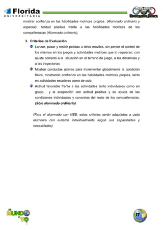 17
mostrar confianza en las habilidades motrices propias. (Alumnado ordinario y
especial). Actitud positiva frente a las habilidades motrices de los
compañeros/as (Alumnado ordinario).
3. Criterios de Evaluación
Lanzar, pasar y recibir pelotas u otros móviles, sin perder el control de
los mismos en los juegos y actividades motrices que lo requieran, con
ajuste correcto a la situación en el terreno de juego, a las distancias y
a las trayectorias
Mostrar conductas activas para incrementar globalmente la condición
física, mostrando confianza en las habilidades motrices propias, tanto
en actividades escolares como de ocio.
Actitud favorable frente a las actividades tanto individuales como en
grupo, y la aceptación con actitud positiva y de ayuda de las
condiciones individuales y concretas del resto de los compañeros/as.
(Sólo alumnado ordinario)
(Para el alumnado con NEE, estos criterios serán adaptados a cada
alumno/a con autismo individualmente según sus capacidades y
necesidades)
 