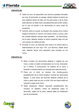 20
CIRCUITO (B):
Saltar los aros: se dispondrán dos caminos paralelos formados
por aros. El alumnado, en parejas, deberá realizar el camino de
aros saltando dentro de ellos con los pies juntos y de la mano
(este ejercicio se debe hacer pausadamente para evitar caídas,
por lo que se pondrá a los alumnos/as en aviso antes de
comenzar)
Caminar sobre la cuerda: se situarán dos cuerdas de la misma
longitud formando un camino con tramos rectos y curvos, pero
las cuerdas deberán siempre estar paralelas. Los alumnos/as,
de la mano, deberán realizar el camino pasando cada uno por
una cuerda y sin salirse de esta.
Encestar al cono: se colocarán dos conos a la misma altura y
distanciándose de una raya 1’5m. Los alumnos, desde dicha
raya, deberán lanzar aros pequeños para encestar en los
conos.
CIRCUITO (C):
Botar el balón: los alumnos/as deberán ir cogidos de una
mano, y botar un balón de baloncesto con la otra. Avanzarán
así 3 metros. A continuación, se soltarán de la mano y
lanzarán a canasta (habrá una canasta para cada alumno/a).
Pasar por el túnel: se situarán dos túneles-gusano
paralelamente de la misma longitud. Cuando los alumnos/as
lleguen a este tramo del recorrido deberán soltarse de la
mano y pasar cada uno por un túnel. Una vez hayan salido se
volverán a coger de la mano.
Saltar obstáculos: Habrán colocados paralelamente dos
circuitos, no alejados, cortos de obstáculos bajos. El
alumnado, cogido de la mano, deberá saltar los obstáculos
que se le presenten.
 