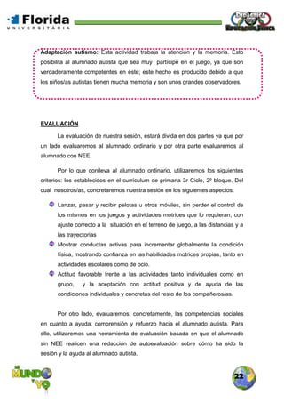 22
Adaptación autismo: Esta actividad trabaja la atención y la memoria. Esto
posibilita al alumnado autista que sea muy partícipe en el juego, ya que son
verdaderamente competentes en éste; este hecho es producido debido a que
los niños/as autistas tienen mucha memoria y son unos grandes observadores.
EVALUACIÓN
La evaluación de nuestra sesión, estará divida en dos partes ya que por
un lado evaluaremos al alumnado ordinario y por otra parte evaluaremos al
alumnado con NEE.
Por lo que conlleva al alumnado ordinario, utilizaremos los siguientes
criterios: los establecidos en el currículum de primaria 3r Ciclo, 2º bloque. Del
cual nosotros/as, concretaremos nuestra sesión en los siguientes aspectos:
Lanzar, pasar y recibir pelotas u otros móviles, sin perder el control de
los mismos en los juegos y actividades motrices que lo requieran, con
ajuste correcto a la situación en el terreno de juego, a las distancias y a
las trayectorias
Mostrar conductas activas para incrementar globalmente la condición
física, mostrando confianza en las habilidades motrices propias, tanto en
actividades escolares como de ocio.
Actitud favorable frente a las actividades tanto individuales como en
grupo, y la aceptación con actitud positiva y de ayuda de las
condiciones individuales y concretas del resto de los compañeros/as.
Por otro lado, evaluaremos, concretamente, las competencias sociales
en cuanto a ayuda, comprensión y refuerzo hacia el alumnado autista. Para
ello, utilizaremos una herramienta de evaluación basada en que el alumnado
sin NEE realicen una redacción de autoevaluación sobre cómo ha sido la
sesión y la ayuda al alumnado autista.
 