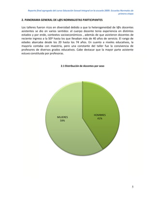 Reporte final agregado del curso Educación Sexual Integral en la escuela 2009. Escuelas Normales de
                                                                                           primera etapa

2. PANORAMA GENERAL DE L@S NORMALISTAS PARTICIPANTES

Los talleres fueron ricos en diversidad debido a que la heterogeneidad de l@s docentes
asistentes se dio en varios sentidos: el cuerpo docente tenía experiencia en distintos
estados y por ende, contextos socioeconómicos , además de que asistieron docentes de
reciente ingreso a la SEP hasta los que llevaban más de 40 años de servicio. El rango de
edades abarcaba desde los 20 hasta los 74 años. En cuanto a niveles educativos, la
mayoría contaba con maestría, pero una constante del taller fue la convivencia de
profesores de diversos grados educativos. Cabe destacar que la mayor parte asistente
estuvo constituida por profesoras.



                                   2.1 Distribución de docentes por sexo




                                                                  HOMBRES
                                MUJERES                             41%
                                 59%




                                                                                                      5
 