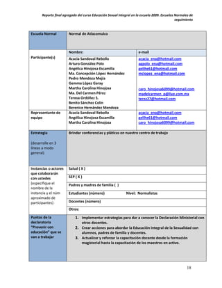 Reporte final agregado del curso Educación Sexual Integral en la escuela 2009. Escuelas Normales de
                                                                                               seguimiento


Escuela Normal          Normal de Atlacomulco



                        Nombre:                                       e-mail
Participante(s)         Acacia Sandoval Rebollo                       acacia_ena@hotmail.com
                        Arturo González Polo                          agpolo_ena@hotmail.com
                        Angélica Hinojosa Escamilla                   gelihe61@hotmail.com
                        Ma. Concepción López Hernández                mclopez_ena@hotmail.com
                        Pedro Mendoza Mejía
                        Gemma López Garay
                        Martha Carolina Hinojosa                      caro_hinojosa6099@hotmail.com
                        Ma. Del Carmen Pérez                          madelcarmen_p@live.com.mx
                        Teresa Ordóñez S.                             teroz27@hotmail.com
                        Benito Sánchez Colín
                        Berenice Hernández Mendoza
Representante de        Acacia Sandoval Rebollo                       acacia_ena@hotmail.com
equipo                  Angélica Hinojosa Escamilla                   gelihe61@hotmail.com
                        Martha Carolina Hinojosa                      caro_hinojosa6099@hotmail.com

Estrategia              Brindar conferencias y pláticas en nuestro centro de trabajo

(desarrolle en 3
líneas a modo
general)


Instancias o actores    Salud ( X )
que colaborarán
con ustedes             SEP ( X )
(especifique el         Padres y madres de familia ( )
nombre de la
instancia y el núm      Estudiantes (número)                  Nivel: Normalistas
aproximado de
participantes)          Docentes (número)
                        Otros:

Puntos de la                1. Implementar estrategias para dar a conocer la Declaración Ministerial con
declaratoria                   otros docentes.
“Prevenir con               2. Crear acciones para abordar la Educación Integral de la Sexualidad con
educación” que se              alumnos, padres de familia y docentes.
van a trabajar              3. Actualizar y reforzar la capacitación docente desde la formación
                               magisterial hasta la capacitación de los maestros en activo.




                                                                                                      18
 