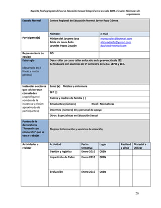 Reporte final agregado del curso Educación Sexual Integral en la escuela 2009. Escuelas Normales de
                                                                                               seguimiento

Escuela Normal          Centro Regional de Educación Normal Javier Rojo Gómez



                        Nombre:                                       e-mail
Participante(s)         Miriam del Socorro Sosa                       monsanalex@hotmail.com
                        Alicia de Jesús Ávila                         aliciaavilachi@yahoo.com
                        Lourdes Pozos Dauzón                          daulvio@hotmail.com

Representante de        ND
equipo
Estrategia              Desarrollar un curso taller enfocado en la prevención de ITS.
                        Se trabajará con alumnos de 5º semestre de la Lic. LEPIB y LEE.
(desarrolle en 3
líneas a modo
general)


Instancias o actores    Salud (x) Médico y enfermera
que colaborarán
con ustedes             SEP ( )
(especifique el         Padres y madres de familia ( )
nombre de la
instancia y el núm      Estudiantes (número)                  Nivel: Normalistas
aproximado de
participantes)          Docentes (número) 10 y personal de apoyo
                        Otros: Especialistas en Educación Sexual

Puntos de la
declaratoria
“Prevenir con           Mejorar información y servicios de atención
educación” que se
van a trabajar


Actividades a           Actividad                    Fecha           Lugar              Realizad Material a
realizar                                             tentativa                          a si/no  utilizar
                        Gestión y logística          Enero 2010      CREN
                        Impartición de Taller        Enero 2010      CREN




                        Evaluación                   Enero 2010      CREN




                                                                                                      20
 