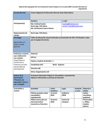 Reporte final agregado del curso Educación Sexual Integral en la escuela 2009. Escuelas Normales de
                                                                                               seguimiento

Escuela Normal          Centro Regional de Educación Normal Javier Rojo Gómez



                        Nombre:                                       e-mail
Participante(s)         Ma. Cristina Fuente                           macfyg@hotmail.com
                        Rocío Gpe. Piña Neria                         tochio-1-feliz@hotmail.com
                        Ma. Del Rosario Castro Gómez

Representante de        Rocío Gpe. Piña Neria
equipo
Estrategia              Taller de Educación sexual enfocado en prevención de VIH e ITS llevado a cabo
                        por el equipo de tutoría.
(desarrolle en 3
líneas a modo
general)


Instancias o actores    Salud (x)
que colaborarán
con ustedes             SEP (x)
(especifique el         Padres y madres de familia ( )
nombre de la
instancia y el núm      Estudiantes (47)                Nivel: Superior
aproximado de
participantes)          Docentes (8)
                        Otros: Organización civil

Puntos de la            Promover Educación Integral en Sexualidad y reproducción
declaratoria            Mejorar información y servicios de atención
“Prevenir con
educación” que se
van a trabajar

Actividades a           Actividad                    Fecha           Lugar              Realizad Material a
realizar                                             tentativa                          a si/no  utilizar
                        Pláticas grupales sobre      12 enero        Auditorio                   Cañón,
                        sexualidad y                 2010            CREN                        micrófono,
                        reproducción                                                             papelería
                        Plática acerca del uso       19 enero        Centro de                   Preservativo
                        del preservativo             2010            cómputo                     s, dildos,
                        masculino y femenino                                                     modelo
                                                                                                 pélvico




                                                                                                      21
 