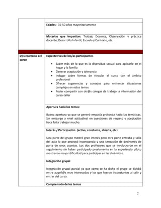 Edades: 35-50 años mayoritariamente


                    Materias que impartían: Trabajo Docente, Observación y práctica
                    docente, Desarrollo Infantil, Escuela y Contexto, etc.



D) Desarrollo del   Expectativas de los/as participantes
curso
                          Saber más de lo que es la diversidad sexual para aplicarlo en el
                           hogar y la familia
                          Generar aceptación y tolerancia
                          Indagar sobre formas de vincular el curso con el ámbito
                           profesional
                          Ofrecer sugerencias y consejos para enfrentar situaciones
                           complejas en estos temas
                          Poder compartir con otr@s colegas de trabajo la información del
                           curso-taller


                    Apertura hacia los temas:

                    Buena apertura ya que se generó empatía profunda hacia las temáticas.
                    Sin embargo a nivel actitudinal en cuestiones de respeto y aceptación
                    hace falta trabajar mucho.

                    Interés / Participación (activa, constante, abierta, etc)

                    Una parte del grupo mostró gran interés pero otra parte entraba y salía
                    del aula lo que provocó inconstancia y una sensación de desinterés de
                    parte de unos cuantos. Los dos profesores que se involucraron en el
                    seguimiento sin haber participado previamente en la experiencia piloto
                    mostraron mayor dificultad para participar en las dinámicas.

                    Integración grupal

                    Integración grupal parcial ya que como se ha dicho el grupo se dividió
                    entre auqell@s muy interesados y los que fueron inconstantes al salir y
                    entrar del curso.

                    Comprensión de los temas

                                                                                       2
 