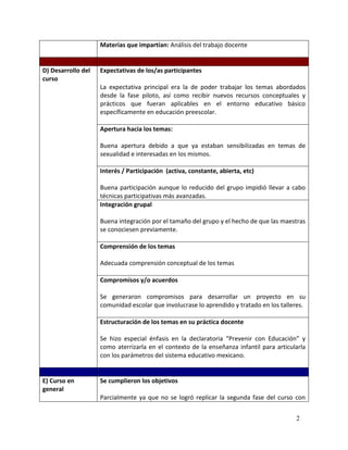 Materias que impartían: Análisis del trabajo docente


D) Desarrollo del   Expectativas de los/as participantes
curso
                    La expectativa principal era la de poder trabajar los temas abordados
                    desde la fase piloto, así como recibir nuevos recursos conceptuales y
                    prácticos que fueran aplicables en el entorno educativo básico
                    específicamente en educación preescolar.

                    Apertura hacia los temas:

                    Buena apertura debido a que ya estaban sensibilizadas en temas de
                    sexualidad e interesadas en los mismos.

                    Interés / Participación (activa, constante, abierta, etc)

                    Buena participación aunque lo reducido del grupo impidió llevar a cabo
                    técnicas participativas más avanzadas.
                    Integración grupal

                    Buena integración por el tamaño del grupo y el hecho de que las maestras
                    se conociesen previamente.

                    Comprensión de los temas

                    Adecuada comprensión conceptual de los temas

                    Compromisos y/o acuerdos

                    Se generaron compromisos para desarrollar un proyecto en su
                    comunidad escolar que involucrase lo aprendido y tratado en los talleres.

                    Estructuración de los temas en su práctica docente

                    Se hizo especial énfasis en la declaratoria “Prevenir con Educación” y
                    como aterrizarla en el contexto de la enseñanza infantil para articularla
                    con los parámetros del sistema educativo mexicano.


E) Curso en         Se cumplieron los objetivos
general
                    Parcialmente ya que no se logró replicar la segunda fase del curso con


                                                                                         2
 