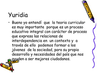 Yuridia Bueno yo entendí  que  la teoria curricular es muy importante  porque es un proceso educativo integral con carácter de proceso que expresa las relacionas de interdependencia en  un contexto y  a través de ello  podemos formar a los jóvenes  de la sociedad, para su propio desarrollo y necesidades del país que nos ayuden a ser mejores ciudadanos. 