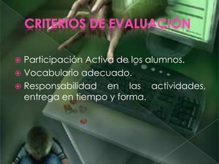 Participación Activa de los alumnos.
 Vocabulario adecuado.
 Responsabilidad en las actividades,
entrega en tiempo y forma.
 
