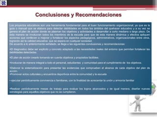 Conclusiones y Recomendaciones
Los proyectos educativos son una herramienta fundamental para el buen funcionamiento organizacional, ya que es la
guía o manual que se elabora para detectar debilidades en todos los ámbitos del quehacer educativo y a su vez se
genera el plan de acción donde se plasman los objetivos y actividades a desarrollar a corto mediano o largo plazo. De
esta manera se involucran todos los miembros de la escuela para que de esta manera dinámica y efectiva apliquen
acciones que conlleven a mejorar y fortalecer los aspectos pedagógicos, administrativos, organizacionales entre otros,
logrando así la calidad educativa que se espera en cualquier sociedad.
De acuerdo a lo anteriormente señalado, se llega a las siguientes conclusiones y recomendaciones:
•El diagnostico debe ser explicito y concreto adaptado a las necesidades reales del entorno que permitan fortalecer las
debilidades detectadas.
•El plan de acción crearlo tomando en cuenta objetivos y propósitos factibles.
•Involucrar de manera integral a todo el personal, estudiantes y comunidad para el cumplimiento de los objetivos.
•Elaborar la sistematización para presentar las evidencias que comprueben el alcance de cada objetivo del plan de
acción.
•Promover actos culturales y encuentros deportivos entre la comunidad y la escuela
• ejecutar periódicamente convivencia s familiares, con la finalidad de acrecentar la unión y armonía familiar
•Realizar periódicamente mesas de trabajo para evaluar los logros alcanzados y de igual manera, diseñar nuevas
estrategias para aquellos objetivos que no se cumplieron.
 