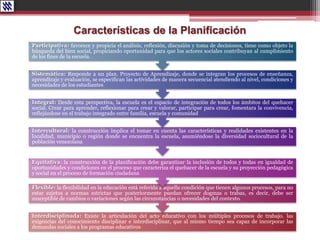 Características de la Planificación
Interdisciplinada: Existe la articulación del acto educativo con los múltiples procesos de trabajo. las
exigencias del conocimiento disciplinar e interdisciplinar, que al mismo tiempo sea capaz de incorporar las
demandas sociales a los programas educativos
Flexible: la flexibilidad en la educación está referida a aquella condición que tienen algunos procesos, para no
estar sujetos a normas estrictas que posteriormente puedan ofrecer dogmas o trabas, es decir, debe ser
susceptible de cambios o variaciones según las circunstancias o necesidades del contexto.
Equitativa: la construcción de la planificación debe garantizar la inclusión de todos y todas en igualdad de
oportunidades y condiciones en el proceso que caracteriza el quehacer de la escuela y su proyección pedagógica
y social en el proceso de formación ciudadana
Intercultural: la construcción implica el tomar en cuenta las características y realidades existentes en la
localidad, municipio o región donde se encuentra la escuela, asumiéndose la diversidad sociocultural de la
población venezolana
Integral: Desde esta perspectiva, la escuela es el espacio de integración de todos los ámbitos del quehacer
social. Crear para aprender, reflexionar para crear y valorar, participar para crear, fomentara la convivencia,
reflejándose en el trabajo integrado entre familia, escuela y comunidad
Sistemática: Responde a un plan. Proyecto de Aprendizaje, donde se integran los procesos de enseñanza,
aprendizaje y evaluación, se especifican las actividades de manera secuencial atendiendo al nivel, condiciones y
necesidades de los estudiantes
Participativa: favorece y propicia el análisis, reflexión, discusión y toma de decisiones, tiene como objeto la
búsqueda del bien social, propiciando oportunidad para que los actores sociales contribuyan al cumplimiento
de los fines de la escuela.
 