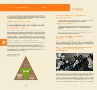 Esta visión implica una cultura de gestión curricular con calidad y una organización
tal que permita orientar las intencionalidades pedagógicas de forma tal que, se facilite
la vinculación entre los procesos de formación y el mundo del trabajo, y se integren
los aportes de las diferentes racionalidades curriculares.

3.3 PRINCIPIOS INSTITUCIONALES
El Instituto privilegia el desarrollo de las personas; valora, promueve y respeta
la diversidad de pensamiento humano y aspira a la búsqueda del bien común.

3.4 CULTURA DE LA CALIDAD
El Instituto Profesional Virginio Gómez mediante una adecuada estructura organizacional
cautelará un mecanismo de comunicación eficaz entre directivos, académicos, administrativos
y la comunidad, que tribute a la optimización y mejoramiento continuo de sus resultados
y procesos, con el fin de satisfacer aquellos requerimientos que aseguren la formación
integral de los estudiantes. Para esto, propenderá a la creación y desarrollo de condiciones
pedagógicas adecuadas, y fomentará entre los miembros de la comunidad educativa una
cultura del "actuar documentado" y de mejora continua de los resultados de la gestión de
los procesos docentes, a través de la evaluación de indicadores de gestión.
Se hablará de calidad cuando exista un armónico funcionamiento entre cada uno de
los elementos que conforman la estructura y organización del quehacer educativo
institucional (principios y acciones pedagógicas y administrativas que rigen la
formulación de las normativas vigentes); por tal razón, al hablar de calidad se estará
en cierta forma "calificando" una buena consistencia interna y externa entre los
elementos constituyentes y organizativos del sistema formativo del Instituto..., en
pocas palabras, "hacer lo que se declara".

4. OBJETIVOS DEL PROYECTO EDUCATIVO
4.1 OBJETIVO GENERAL
• Desarrollar acciones educativas que contribuyan a mejorar la eficiencia de los
procesos formativos del Instituto Profesional Virginio Gómez.

4.2 OBJETIVOS ESPECÍFICOS
• Implementar un currículum que dé cuenta de las demandas del mercado laboral,
el desarrollo de un pensamiento sistémico y crítico, y la evolución prospectiva
de la profesión.
• Impulsar procesos formativos integradores, con enfoque educativo por
competencias, que propendan al desarrollo de habilidades para la resolución de
problemas en contextos de trabajo colaborativo.

5. ESTRUCTURA ARTICULADORA DEL
PROYECTO EDUCATIVO
El Proyecto Educativo del Instituto Profesional Virginio Gómez se estructura en
torno a dos ideas principales: Una enseñanza centrada en el aprendizaje significativo
crítico en contextos colaborativos, y una formación centrada en el logro de desempeños
competentes en contextos globalizados y multidisciplinarios.

5.1 UNA ENSEÑANZA CENTRADA EN EL APRENDIZAJE
SIGNIFICATIVO CRÍTICO EN CONTEXTOS
COLABORATIVOS

FIGURA 2. Calidad en todos los
procesos formativos y niveles
de concreción curricular.

La idea de aprendizaje no es única y depende de la corriente psicológica que se elija como
marco de referencia. Las teorías asociacionistas, que tuvieron gran impacto en el siglo
pasado, presentan el aprendizaje como "implantación" o "cambio" producto de una
asociación entre las respuestas del que aprende y los estímulos que los impulsan o refuerzan.
En cambio, las teorías cognoscitivistas centran la atención tanto en lo que ocurre dentro
del que aprende como en lo que está a su alrededor. Estos modelos intentan dar cuenta
del fenómeno del aprendizaje en términos de procesos mentales, donde la persona que

06

07

 