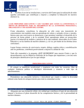Consejería de Educación y Ciencia
                C.E.I.P. VILLA DE QUER
                C/Torrelaguna S/N C:P 19209
                Telf. 949297795 Telf. Movil 686485090 Fax: 949297564
                Email: 19008691.cp@edu.jccm.es


           Facilitar el uso de las instalaciones y servicios del Centro para la realización de todas
     aquellas actividades que contribuyan a mejorar y completar la Educación de nuestros
     alumnos/ as.


    2. LOS PRINCIPIOS EDUCATIVOS Y LOS VALORES QUE GUÍAN LA CONVIVENCIA Y
    SIRVEN DE REFERENTE PARA EL DESARROLLO DE LA AUTONOMÍA PEDAGÓGICA,
    ORGANIZATIVA Y DE GESTIÓN DEL CENTRO.

     Como educadores, concebimos la educación no sólo como una transmisión de
     conocimientos sino también como un aprendizaje de valores y actitudes cívicas y morales,
     básicas para una convivencia en democracia y que permitan contribuir al desarrollo de la
     persona, de forma global, y de la sociedad. Estos aprendizajes deben ser promovidos
     gracias a la imitación de modelos y prácticas de la vida cotidiana, observables en el Centro
     Educativo y en las familias de nuestros alumnos y, a la vez, por medio de las distintas áreas
     curriculares.

     Lograr formas correctas de convivencia, respeto, diálogo, espíritu crítico y sensibilización
     ante los problemas, contribuirá positivamente a mejorar la calidad de vida.

     Todo ello responderá a la pregunta ¿QUÉ QUEREMOS? para nuestro Centro y que lo
     desarrollaremos con los Objetivos Generales de las Etapas que impartimos y con una serie
     de principios identificativos por los que trabajar


                                                     PRINCIPIOS EDUCATIVOS
ACONFESIONALIDAD
-  El colegio se manifiesta aconfesional y respetuoso con todas las creencias, libre de
cualquier tendencia política o ideológica determinada y renuncia a todo tipo de
adoctrinamiento.

ACTITUD INTEGRADORA
-   Pretendemos una educación inclusiva e intercultural que respete y valore la diversidad
cultural como fuente de enriquecimiento para toda la comunidad escolar.




FORMACIÓN INTEGRAL
-   Abogamos por una formación sólida y de calidad que contribuya al logro de una educación
integral y favorezca el pleno desarrollo de las competencias básicas y de la personalidad de
nuestros alumnos.

                                                                                                 10
          PROYECTO EDUCATIVO - C.E.I.P. VILLA DE QUER – CURSO 2008/2009
 