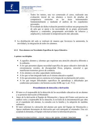 Consejería de Educación y Ciencia
             C.E.I.P. VILLA DE QUER
             C/Torrelaguna S/N C:P 19209
             Telf. 949297795 Telf. Movil 686485090 Fax: 949297564
             Email: 19008691.cp@edu.jccm.es


                            - Todos los tutores, una vez comenzado el curso, realizarán una
                              evaluación inicial de sus alumnos a través de pruebas de
                              competencia      curricular    en    las     áreas     instrumentales
                              fundamentalmente y mediante el análisis de los expedientes
                              personales.
                            - El resultado de dicha evaluación permitirá realizar una programación
                              de aula que se ajuste a las necesidades de su grupo, priorizando
                              objetivos y contenidos, programando actividades de refuerzo y
                              ampliación y realizando la temporalización más adecuada.


    • La distribución del aula se realizará de manera que favorezca la autonomía, la
      movilidad y la integración de todos los alumnos.


    4.1.2. Para alumnos con Necesidades Específicas de Apoyo Educativo.


    A quienes van dirigidas

        • A aquellos alumnos y alumnas que requieran una atención educativa diferente a
          la ordinaria.
        • A los que presenten alguna necesidad específica de apoyo educativo derivada de
          circunstancias sociales, de discapacidad física, psíquica, sensorial o que
          manifiesten trastornos graves de conducta.
        • A los alumnos con altas capacidades intelectuales.
        • A los que se han integrado tarde en el sistema educativo español.
        • A los que presenten graves carencias en la lengua de escolarización del centro.
        • A los que tengan dificultades específicas de aprendizaje o dificultades por
          condiciones personales o de historia escolar (LOE cap. I, art. 71.2)

                                        Procedimiento de detección y derivación

•     El tutor es el responsable de la detección de las necesidades educativas de un alumno
      y su posterior derivación al Orientador.
•     Antes de la derivación al Equipo de Orientación y Apoyo del Centro será preciso un
      análisis serio y responsable de la situación, la revisión de la documentación que obra
      en el expediente del alumno, la consulta con la familia y la adopción de medidas
      ordinarias.
•     El tutor solicitará la valoración del alumno por parte del Equipo de Orientación y
      Apoyo mediante documento de derivación que será entregado al orientador. Una vez
      aceptada la demanda, el Equipo solicitará al tutor la información precisa.
                                                                                                19
       PROYECTO EDUCATIVO - C.E.I.P. VILLA DE QUER – CURSO 2008/2009
 