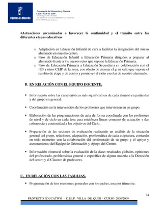 Consejería de Educación y Ciencia
         C.E.I.P. VILLA DE QUER
         C/Torrelaguna S/N C:P 19209
         Telf. 949297795 Telf. Movil 686485090 Fax: 949297564
         Email: 19008691.cp@edu.jccm.es




• Actuaciones encaminadas a favorecer la continuidad y el tránsito entre las
diferentes etapas educativas


        o Adaptación en Educación Infantil de cara a facilitar la integración del nuevo
          alumnado en nuestro centro.
        o Paso de Educación Infantil a Educación Primaria dirigidos a preparar al
          alumnado frente a los nuevos retos que supone la Educación Primaria.
        o Paso de Educación Primaria a Educación Secundaria en colaboración con el
          IES y otros CEIP de la zona, con objeto de atenuar el gran salto que supone el
          cambio de etapa y de centro y promover el éxito escolar de nuestro alumnado.


  B. EN RELACIÓN CON EL EQUIPO DOCENTE.


     Información sobre las características más significativas de cada alumno en particular
     y del grupo en general.

     Coordinación en la intervención de los profesores que intervienen en un grupo.

     Elaboración de las programaciones de aula de forma coordinada con los profesores
     de nivel y de ciclo en cada área para establecer líneas comunes de actuación y dar
     coherencia y continuidad a los objetivos del Ciclo.

     Preparación de las sesiones de evaluación realizando un análisis de la situación
     general del grupo, relaciones, adaptación, problemática de cada asignatura, contando
     en todo momento con la colaboración del profesorado de su grupo y el apoyo y
     asesoramiento del Equipo de Orientación y Apoyo del Centro.

     Información trimestral sobre la evaluación de la clase: resultados globales, opiniones
     del profesorado, problemática general o específica de alguna materia a la Dirección
     del centro y al Claustro de profesores.



C. EN RELACIÓN CON LAS FAMILIAS.

     Programación de tres reuniones generales con los padres, una por trimestre:


                                                                                        24
    PROYECTO EDUCATIVO - C.E.I.P. VILLA DE QUER – CURSO 2008/2009
 