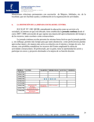 Consejería de Educación y Ciencia
            C.E.I.P. VILLA DE QUER
            C/Torrelaguna S/N C:P 19209
            Telf. 949297795 Telf. Movil 686485090 Fax: 949297564
            Email: 19008691.cp@edu.jccm.es


Mantenemos relaciones permanentes con asociación de Mujeres, Jubilados, etc. de la
localidad, que nos facilitan ayuda y colaboración en la organización de actividades.


6.    LA DEFINICIÓN DE LA JORNADA ESCOLAR DEL CENTRO.

       El C.E.I.P Nº 1 DE QUER, entendiendo la educación como un servicio a la
sociedad y al entorno en que está ubicado, tiene establecida la jornada continua desde el
curso 2007 / 2008 convencido de que supone una mejora del aprovechamiento del tiempo y
de los recursos, tanto escolares como extraescolares.
       La jornada continua escolar presenta las mismas horas lectivas que la jornada partida
y, sin embargo, permite más tiempo para que tanto alumnos/as como profesores/as puedan
aprovechar mejor y de manera más activa su relación con el entorno y tiempo de ocio. Así
mismo, esto posibilita rentabilizar los recursos del Centro ampliando la oferta de
actividades extraescolares. El profesorado, por su parte, tiene la oportunidad de asistir y
participar en cursos y proyectos destinados a la mejora de su función docente.




       HORAS           LUNES                              MARTES       MIERCOLES JUEVES VIERNES
       9’00-10’00
       10’00-11’00
       11’00-12’00
       12’00-12’30                                                 R E C R E O
       12’30-13’15
       13’15-14’00
       14’00-15’00        PROGRAMACIÓN                    REUNIONES    CCPS (1 vez al mes )
                             DE AULA                      GENERALES
       16’00-17’00          CLAUSTROS/
                        REUNIONES DE CICLO
       17’00-18’00      CONSEJOS ESCOLARES
                            REUNIONES /
                       ENTREVISTAS DE PADRES




                                                                                                  29
     PROYECTO EDUCATIVO - C.E.I.P. VILLA DE QUER – CURSO 2008/2009
 