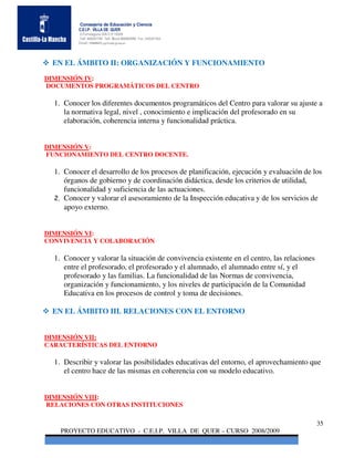 Consejería de Educación y Ciencia
          C.E.I.P. VILLA DE QUER
          C/Torrelaguna S/N C:P 19209
          Telf. 949297795 Telf. Movil 686485090 Fax: 949297564
          Email: 19008691.cp@edu.jccm.es




 EN EL ÁMBITO II: ORGANIZACIÓN Y FUNCIONAMIENTO
DIMENSIÓN IV:
DOCUMENTOS PROGRAMÁTICOS DEL CENTRO

  1. Conocer los diferentes documentos programáticos del Centro para valorar su ajuste a
     la normativa legal, nivel , conocimiento e implicación del profesorado en su
     elaboración, coherencia interna y funcionalidad práctica.


DIMENSIÓN V:
FUNCIONAMIENTO DEL CENTRO DOCENTE.

  1. Conocer el desarrollo de los procesos de planificación, ejecución y evaluación de los
     órganos de gobierno y de coordinación didáctica, desde los criterios de utilidad,
     funcionalidad y suficiencia de las actuaciones.
  2. Conocer y valorar el asesoramiento de la Inspección educativa y de los servicios de
     apoyo externo.


DIMENSIÓN VI:
CONVIVENCIA Y COLABORACIÓN

  1. Conocer y valorar la situación de convivencia existente en el centro, las relaciones
     entre el profesorado, el profesorado y el alumnado, el alumnado entre sí, y el
     profesorado y las familias. La funcionalidad de las Normas de convivencia,
     organización y funcionamiento, y los niveles de participación de la Comunidad
     Educativa en los procesos de control y toma de decisiones.

 EN EL ÁMBITO III. RELACIONES CON EL ENTORNO


DIMENSIÓN VII:
CARACTERÍSTICAS DEL ENTORNO

  1. Describir y valorar las posibilidades educativas del entorno, el aprovechamiento que
     el centro hace de las mismas en coherencia con su modelo educativo.


DIMENSIÓN VIII:
RELACIONES CON OTRAS INSTITUCIONES

                                                                                            35
    PROYECTO EDUCATIVO - C.E.I.P. VILLA DE QUER – CURSO 2008/2009
 