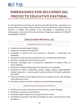 Proyecto Educativo-Pasto


    DIMENSIONES POR SECCIONES DEL 
    PROYECTO EDUCATIVO PASTORAL 
 

En  este  aportado  se  concretan  las  opciones  generales  del  Centro,  expuestas  en  el 
punto anterior, para cada una de las etapas o secciones del Centro. Esta concreción 
permite  un  trabajo  más  ajustado  a  las  necesidades  y  capacidades  de  los 
destinatarios,  mostrando  el  itinerario  formativo  integral  que  propone  el  COLEGIO 
SALESIANOS ATOCHA. 

                        EDUCACIÓN INFANTIL (EI) 
                            DIMENSIÓN EDUCATIVO‐CULTURAL 

• Coordinar el área de religión Católica. 
• Colaborar en la elaboración del PAPT. 
• Acompañar  al  alumno  para  que  comience  a  descubrir    y  desarrollar  sus 
  cualidades. 
• Favorecer las relaciones de compañerismo en un ambiente de familiaridad. 
• Aprender a respetar las normas de convivencia. 
• Favorecer  estrategias  para  su  autonomía,  despertando  el  espíritu  crítico  en 
  temas religiosos. 
• Favorecer un ambiente adecuado en las relaciones con las familias. 
• Educarles  en  valores  (solidaridad,  perdón,  trabajo,  alegría,  responsabilidad, 
  respeto, esperanza,…) que les ayuden buenos cristianos y honrados ciudadanos. 
  (Ver PAPT). 
• Potenciar el esfuerzo como algo positivo que nos ayuda en el día a día, tomando 
  como referencia a Jesús.  
• Fomentar el espíritu cristiano y salesiano en las actividades realizadas. 

                      DIMENSIÓN EVANGELIZADORA‐CATEQUÉTICA 

•   Iniciarles en la oración individual y comunitaria con su propio lenguaje. 
•   Enseñarles a expresar sus sentimientos. 
•   Enseñarles lugares religiosos y el comportamiento en ellos. 
•   Enseñarles las oraciones más básicas (bendecir la mesa, oraciones de la noche, 
    Ave María,…). 

                                            18 

 
 