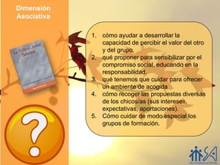 Dimensión
Asociativa

             1. cómo ayudar a desarrollar la
                capacidad de percibir el valor del otro
                y del grupo.
             2. qué proponer para sensibilizar por el
                compromiso social, educando en la
                responsabilidad.
             3. qué tenemos que cuidar para ofrecer
                un ambiente de acogida
             4. cómo recoger las propuestas diversas
                de los chicos/as (sus intereses,
                expectativas, aportaciones).
             5. Cómo cuidar de modo especial los
                grupos de formación.
 