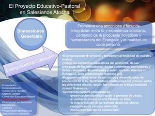 El Proyecto Educativo-Pastoral
           en Salesianos Atocha

                                          Promueve una armoniosa y fecunda
             Dimensiones              integración entre fe y experiencia cotidiana,
              Generales                  partiendo de la propuesta novedosa y
                                      humanizadora del Evangelio y la realidad de
                                                     cada persona.

                                •Evangelización  primera y fundamental finalidad de nuestra
                                misión.
                                •Todos los elementos educativos del ambiente, de los
                                procesos, de las estructuras, de los contenidos curriculares y
                                de las relaciones coherentes y estén, no sólo abiertos al
                                Evangelio, sino propositivos respecto a él.
                                •Proponemos itinerarios sistemáticos y diversificados de
                                educación en la fe, facilitando la continuidad del proceso entre
•Presentación                   las diferentes etapas, según los valores de la Espiritualidad
•Contextualización              Juvenil Salesiana,
•Análisis de la realidad
                                •Centramos nuestra propuesta en
•Objetivo General
•Comunidad Educativo-Pastoral         •presentación significativa de la persona de Jesús,
•Dimensiones Generales                •el contacto directo con la Palabra de Dios,
•Dimensiones por Secciones            •la interpretación de la realidad desde las claves
•Metodología
•Acciones
                                      evangélicas de carisma salesiano
•Programación general anual           •momentos fuertes de celebración
•Seguimiento y evaluación
 