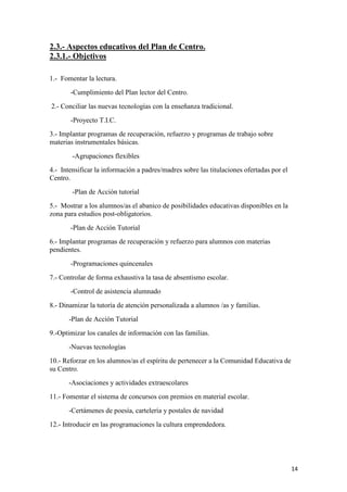 2.3.- Aspectos educativos del Plan de Centro.
2.3.1.- Objetivos
1.- Fomentar la lectura.
-Cumplimiento del Plan lector del Centro.
2.- Conciliar las nuevas tecnologías con la enseñanza tradicional.
-Proyecto T.I.C.
3.- Implantar programas de recuperación, refuerzo y programas de trabajo sobre
materias instrumentales básicas.
-Agrupaciones flexibles
4.- Intensificar la información a padres/madres sobre las titulaciones ofertadas por el
Centro.
-Plan de Acción tutorial
5.- Mostrar a los alumnos/as el abanico de posibilidades educativas disponibles en la
zona para estudios post-obligatorios.
-Plan de Acción Tutorial
6.- Implantar programas de recuperación y refuerzo para alumnos con materias
pendientes.
-Programaciones quincenales
7.- Controlar de forma exhaustiva la tasa de absentismo escolar.
-Control de asistencia alumnado
8.- Dinamizar la tutoría de atención personalizada a alumnos /as y familias.
-Plan de Acción Tutorial
9.-Optimizar los canales de información con las familias.
-Nuevas tecnologías
10.- Reforzar en los alumnos/as el espíritu de pertenecer a la Comunidad Educativa de
su Centro.
-Asociaciones y actividades extraescolares
11.- Fomentar el sistema de concursos con premios en material escolar.
-Certámenes de poesía, cartelería y postales de navidad
12.- Introducir en las programaciones la cultura emprendedora.

14

 