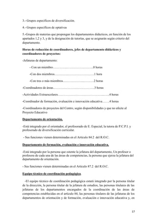 3.- Grupos específicos de diversificación.
4.- Grupos específicos de optativas
5.-Grupos de materias que propongan los departamentos didácticos, en función de los
apartados 1,2 y 3, y de la designación de tutorías, que se asignarán según criterio del
departamento.
Horas de reducción de coordinadores, jefes de departamento didácticos y
coordinadores de proyectos:
-Jefaturas de departamento:
- Con un miembro………….……………………..0 horas
-Con dos miembros………….…………………….1 hora
-Con tres o más miembros………………...………2 horas
-Coordinadores de áreas…………………………………3 horas
-Actividades Extraescolares……………………………………...…..4 horas
-Coordinador de formación, evaluación e innovación educativa…….4 horas
-Coordinadores de proyectos del Centro, según disponibilidades y que no afecte al
Proyecto Educativo
Departamento de orientación.
-Está integrado por el orientador, el profesorado de E. Especial, la tutora de P.C.P.I. y
profesorado de diversificación curricular.
- Sus funciones vienen determinadas en el Artículo 84.2 del R.O.C.
Departamento de formación, evaluación e innovación educativa.
-Está integrado por la persona que ostente la jefatura del departamento, Un profesor o
profesora de cada una de las áreas de competencias, la persona que ejerza la jefatura del
departamento de orientación.
- Sus funciones vienen determinadas en el Artículo 87.2 del R.O.C.
Equipo técnico de coordinación pedagógica.
-El equipo técnico de coordinación pedagógica estará integrado por la persona titular
de la dirección, la persona titular de la jefatura de estudios, las personas titulares de las
jefaturas de los departamentos encargados de la coordinación de las áreas de
competencias establecidas en el artículo 84, las personas titulares de las jefaturas de los
departamentos de orientación y de formación, evaluación e innovación educativa y, en

17

 