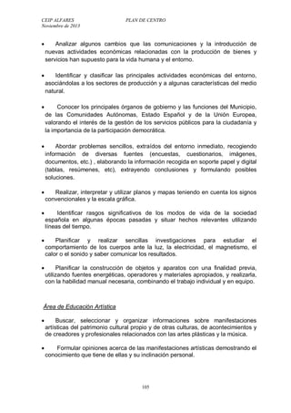 CEIP ALFARES PLAN DE CENTRO 
Noviembre de 2013 
 Analizar algunos cambios que las comunicaciones y la introducción de 
nuevas actividades económicas relacionadas con la producción de bienes y 
servicios han supuesto para la vida humana y el entorno. 
 Identificar y clasificar las principales actividades económicas del entorno, 
asociándolas a los sectores de producción y a algunas características del medio 
natural. 
 Conocer los principales órganos de gobierno y las funciones del Municipio, 
de las Comunidades Autónomas, Estado Español y de la Unión Europea, 
valorando el interés de la gestión de los servicios públicos para la ciudadanía y 
la importancia de la participación democrática. 
 Abordar problemas sencillos, extraídos del entorno inmediato, recogiendo 
información de diversas fuentes (encuestas, cuestionarios, imágenes, 
documentos, etc.) , elaborando la información recogida en soporte papel y digital 
(tablas, resúmenes, etc), extrayendo conclusiones y formulando posibles 
soluciones. 
 Realizar, interpretar y utilizar planos y mapas teniendo en cuenta los signos 
convencionales y la escala gráfica. 
 Identificar rasgos significativos de los modos de vida de la sociedad 
española en algunas épocas pasadas y situar hechos relevantes utilizando 
líneas del tiempo. 
 Planificar y realizar sencillas investigaciones para estudiar el 
comportamiento de los cuerpos ante la luz, la electricidad, el magnetismo, el 
calor o el sonido y saber comunicar los resultados. 
 Planificar la construcción de objetos y aparatos con una finalidad previa, 
utilizando fuentes energéticas, operadores y materiales apropiados, y realizarla, 
con la habilidad manual necesaria, combinando el trabajo individual y en equipo. 
Área de Educación Artística 
 Buscar, seleccionar y organizar informaciones sobre manifestaciones 
artísticas del patrimonio cultural propio y de otras culturas, de acontecimientos y 
de creadores y profesionales relacionados con las artes plásticas y la música. 
 Formular opiniones acerca de las manifestaciones artísticas demostrando el 
conocimiento que tiene de ellas y su inclinación personal. 
105 
 