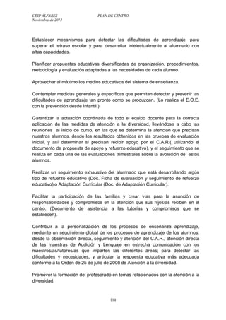 CEIP ALFARES PLAN DE CENTRO 
Noviembre de 2013 
Establecer mecanismos para detectar las dificultades de aprendizaje, para 
superar el retraso escolar y para desarrollar intelectualmente al alumnado con 
altas capacidades. 
Planificar propuestas educativas diversificadas de organización, procedimientos, 
metodología y evaluación adaptadas a las necesidades de cada alumno. 
Aprovechar al máximo los medios educativos del sistema de enseñanza. 
Contemplar medidas generales y específicas que permitan detectar y prevenir las 
dificultades de aprendizaje tan pronto como se produzcan. (Lo realiza el E.O.E. 
con la prevención desde Infantil.) 
Garantizar la actuación coordinada de todo el equipo docente para la correcta 
aplicación de las medidas de atención a la diversidad, llevándose a cabo las 
reuniones al inicio de curso, en las que se determina la atención que precisan 
nuestros alumnos, desde los resultados obtenidos en las pruebas de evaluación 
inicial, y así determinar si precisan recibir apoyo por el C.A.R.( utilizando el 
documento de propuesta de apoyo y refuerzo educativo), y el seguimiento que se 
realiza en cada una de las evaluaciones trimestrales sobre la evolución de estos 
alumnos. 
Realizar un seguimiento exhaustivo del alumnado que está desarrollando algún 
tipo de refuerzo educativo (Doc. Ficha de evaluación y seguimiento de refuerzo 
educativo) o Adaptación Curricular (Doc. de Adaptación Curricular). 
Facilitar la participación de las familias y crear vías para la asunción de 
responsabilidades y compromisos en la atención que sus hijos/as reciben en el 
centro. (Documento de asistencia a las tutorías y compromisos que se 
establecen). 
Contribuir a la personalización de los procesos de enseñanza aprendizaje, 
mediante un seguimiento global de los procesos de aprendizaje de los alumnos: 
desde la observación directa, seguimiento y atención del C.A.R., atención directa 
de las maestras de Audición y Lenguaje en estrecha comunicación con los 
maestros/as/tutores/as que imparten las diferentes áreas; para detectar las 
dificultades y necesidades, y articular la respuesta educativa más adecuada 
conforme a la Orden de 25 de julio de 2008 de Atención a la diversidad. 
Promover la formación del profesorado en temas relacionados con la atención a la 
diversidad. 
114 
 