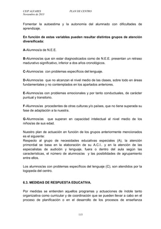 CEIP ALFARES PLAN DE CENTRO 
Noviembre de 2013 
Fomentar la autoestima y la autonomía del alumnado con dificultades de 
aprendizaje. 
En función de estas variables pueden resultar distintos grupos de atención 
diversificada: 
A-Alumnos/a de N.E.E. 
B-Alumnos/as que sin estar diagnosticados como de N.E.E. presentan un retraso 
madurativo significativo, inferior a dos años cronológicos. 
C-Alumnos/as con problemas específicos del lenguaje. 
D-Alumnos/as que no alcanzan el nivel medio de las clases, sobre todo en áreas 
fundamentales y no contemplados en los apartados anteriores. 
E-Alumnos/as con problemas emocionales y por tanto conductuales, de carácter 
puntual y transitorio. 
F-Alumnos/as procedentes de otras culturas y/o países, que no tiene superada su 
fase de adaptación a la nuestra. 
G-Alumnos/as que superan en capacidad intelectual al nivel medio de los 
niños/as de sus edad. 
Nuestro plan de actuación en función de los grupos anteriormente mencionados 
es el siguiente: 
Respecto al grupo de necesidades educativas especiales (A), la atención 
primordial se basa en la elaboración de su A.C.I.. y en la atención de las 
especialistas de audición y lenguaje, fuera o dentro del aula según las 
características, el número de alumnos/as y las posibilidades de agrupamiento 
entre ellos. 
Los alumnos/as con problemas específicos del lenguaje (C), son atendidos por la 
logopeda del centro. 
6.3. MEDIDAS DE RESPUESTA EDUCATIVA. 
Por medidas se entienden aquellos programas y actuaciones de índole tanto 
organizativa como curricular y de coordinación que se pueden llevar a cabo en el 
proceso de planificación o en el desarrollo de los procesos de enseñanza 
115 
 