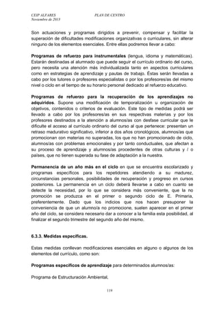 CEIP ALFARES PLAN DE CENTRO 
Noviembre de 2013 
Son actuaciones y programas dirigidos a prevenir, compensar y facilitar la 
superación de dificultades modificaciones organizativas o curriculares, sin alterar 
ninguno de los elementos esenciales. Entre ellas podremos llevar a cabo: 
Programas de refuerzo para instrumentales (lengua, idioma y matemáticas). 
Estarán destinadas al alumnado que puede seguir el currículo ordinario del curso, 
pero necesita una atención más individualizada tanto en aspectos curriculares 
como en estrategias de aprendizaje y pautas de trabajo. Éstas serán llevadas a 
cabo por los tutores o profesores especialistas o por los profesores/as del mismo 
nivel o ciclo en el tiempo de su horario personal dedicado al refuerzo educativo. 
Programas de refuerzo para la recuperación de los aprendizajes no 
adquiridos. Supone una modificación de temporalización u organización de 
objetivos, contenidos o criterios de evaluación. Este tipo de medidas podrá ser 
llevado a cabo por los profesores/as en sus respectivas materias y por los 
profesores destinados a la atención a alumnos/as con desfase curricular que le 
dificulte el acceso al currículo ordinario del curso al que pertenece: presentan un 
retraso madurativo significativo, inferior a dos años cronológicos, alumnos/as que 
promocionan con materias no superadas, los que no han promocionado de ciclo, 
alumnos/as con problemas emocionales y por tanto conductuales, que afectan a 
su proceso de aprendizaje y alumnos/as procedentes de otras culturas y / o 
países, que no tienen superada su fase de adaptación a la nuestra. 
Permanencia de un año más en el ciclo en que se encuentra escolarizado y 
programas específicos para los repetidores atendiendo a su madurez, 
circunstancias personales, posibilidades de recuperación y progreso en cursos 
posteriores. La permanencia en un ciclo deberá llevarse a cabo en cuanto se 
detecte la necesidad, por lo que se considera más conveniente, que la no 
promoción se produzca en el primer o segundo ciclo de E. Primaria, 
preferentemente. Dado que los indicios que nos hacen presuponer la 
conveniencia de que un alumno/a no promocione, suelen aparecer en el primer 
año del ciclo, se considera necesario dar a conocer a la familia esta posibilidad, al 
finalizar el segundo trimestre del segundo año del mismo. 
6.3.3. Medidas específicas. 
Estas medidas conllevan modificaciones esenciales en alguno o algunos de los 
elementos del currículo, como son: 
Programas específicos de aprendizaje para determinados alumnos/as: 
Programa de Estructuración Ambiental, 
119 
 