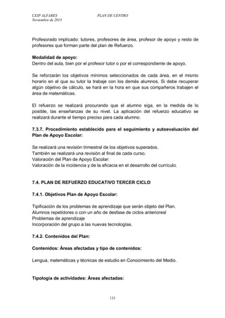 CEIP ALFARES PLAN DE CENTRO 
Noviembre de 2013 
Profesorado implicado: tutores, profesores de área, profesor de apoyo y resto de 
profesores que forman parte del plan de Refuerzo. 
Modalidad de apoyo: 
Dentro del aula, bien por el profesor tutor o por el correspondiente de apoyo. 
Se reforzarán los objetivos mínimos seleccionados de cada área, en el mismo 
horario en el que su tutor la trabaje con los demás alumnos. Si debe recuperar 
algún objetivo de cálculo, se hará en la hora en que sus compañeros trabajen el 
área de matemáticas. 
El refuerzo se realizará procurando que el alumno siga, en la medida de lo 
posible, las enseñanzas de su nivel. La aplicación del refuerzo educativo se 
realizará durante el tiempo preciso para cada alumno. 
7.3.7. Procedimiento establecido para el seguimiento y autoevaluación del 
Plan de Apoyo Escolar: 
Se realizará una revisión trimestral de los objetivos superados. 
También se realizará una revisión al final de cada curso. 
Valoración del Plan de Apoyo Escolar: 
Valoración de la incidencia y de la eficacia en el desarrollo del currículo. 
7.4. PLAN DE REFUERZO EDUCATIVO TERCER CICLO 
7.4.1. Objetivos Plan de Apoyo Escolar: 
Tipificación de los problemas de aprendizaje que serán objeto del Plan. 
Alumnos repetidores o con un año de desfase de ciclos anterioresl 
Problemas de aprendizaje 
Incorporación del grupo a las nuevas tecnologías. 
7.4.2. Contenidos del Plan: 
Contenidos: Áreas afectadas y tipo de contenidos: 
Lengua, matemáticas y técnicas de estudio en Conocimiento del Medio. 
Tipología de actividades: Áreas afectadas: 
131 
 