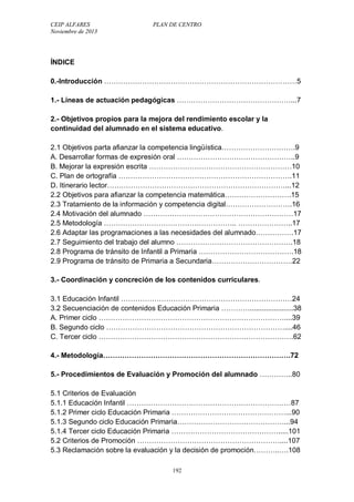 CEIP ALFARES PLAN DE CENTRO 
Noviembre de 2013 
ÍNDICE 
0.-Introducción ………………………………………………………………………5 
1.- Líneas de actuación pedagógicas …………………………………………...7 
2.- Objetivos propios para la mejora del rendimiento escolar y la 
continuidad del alumnado en el sistema educativo. 
2.1 Objetivos parta afianzar la competencia lingüística………………………….9 
A. Desarrollar formas de expresión oral …………………………………………..9 
B. Mejorar la expresión escrita ……………………………………………………10 
C. Plan de ortografía ……………………………………………………………….11 
D. Itinerario lector…………………………………………………………………...12 
2.2 Objetivos para afianzar la competencia matemática……………………….15 
2.3 Tratamiento de la información y competencia digital……………………….16 
2.4 Motivación del alumnado ………………………………………………………17 
2.5 Metodología ……………………………………………….. …………………..17 
2.6 Adaptar las programaciones a las necesidades del alumnado…………….17 
2.7 Seguimiento del trabajo del alumno ………………………………………….18 
2.8 Programa de tránsito de Infantil a Primaria ………………………………….18 
2.9 Programa de tránsito de Primaria a Secundaria…………………………….22 
3.- Coordinación y concreción de los contenidos curriculares. 
3.1 Educación Infantil ………………………………………………………………24 
3.2 Secuenciación de contenidos Educación Primaria …………......................38 
A. Primer ciclo ……………………………………………………………………....39 
B. Segundo ciclo …………………………………………………………………....46 
C. Tercer ciclo ……………………………………………………………………….62 
4.- Metodología…………………………………………………………………….72 
5.- Procedimientos de Evaluación y Promoción del alumnado …………..80 
5.1 Criterios de Evaluación 
5.1.1 Educación Infantil ……………………………………………………………87 
5.1.2 Primer ciclo Educación Primaria …………………………………………...90 
5.1.3 Segundo ciclo Educación Primaria………………………………………...94 
5.1.4 Tercer ciclo Educación Primaria ……………………………………….....101 
5.2 Criterios de Promoción ……………………………………………………....107 
5.3 Reclamación sobre la evaluación y la decisión de promoción………..….108 
192 
 