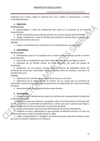 PROYECTO EDUCATIVO
CEEE DIRECTORA MERCEDES SANROMA (ANTIGUO ABEN-BASSO)
76
integrante de la misma, desde el comienzo de curso o desde su incorporación a nuestra
comunidad educativa.
2. OBJETIVOS:
Profesionales:
• Responsabilizar a todos los profesionales del centro en la recepción de los nuevos
compañeros/as.
• Recibir a las familias que acuden por primera vez al centro (Equipo de Orientación).
• Acoger, anualmente, a todas las familias que conforman el grupo-clase en una reunión
inicial antes del comienzo de curso.
Familia:
• Implicar a las familias de los alumnos/as en la recepción de las nuevas familias.
3. CONTENIDOS:
Profesionales:
• Participación activa en la recepción de los nuevos profesionales que acuden al centro
por primera vez.
• Elección de un compañero/a tutor/a de cada profesional nuevo que llegue al centro.
• Recepción de las familias nuevas, de forma adecuada, por parte del equipo de
orientación.
• Celebración de una primera reunión inicial a primeros de septiembre (antes del
comienzo del curso) para intercambiar ideas y opiniones sobre los alumnos y alumnas y el
comienzo del curso.
Familia:
• Implicación de las familias en la acogida de las nuevas en el centro.
• Importancia de la implicación de las familias con las nuevas para los procesos de
orientación y asesoramiento acerca del funcionamiento y la organización de nuestra comunidad
educativa.
• Actitud positiva ante la recepción de las nuevas familias.
4. ACTIVIDADES:
• Nombrar a algún profesional que ejerza las funciones de acompañamiento (tutela) del
compañero/a nuevo/a.
• Elaborar un guión para informar y acompañar sobre el funcionamiento y la dinámica del
centro, las normas y el alumnado (características y rutina) para que la persona que llegue a
nuestro colegio por primera vez sepa qué es lo que tiene que hacer.
• Acoger al profesional nuevo por parte de la dirección del centro: presentación,…
• Enseñarle el centro, explicándole en qué consisten los distintos servicios, así como los
profesionales que en cada uno de ellos ejercen su labor.
• Hablar y responsabilizar al “delegado” de familias del grupo-clase de las familias nuevas
para que las orienten y asesoren en lo necesario.
 