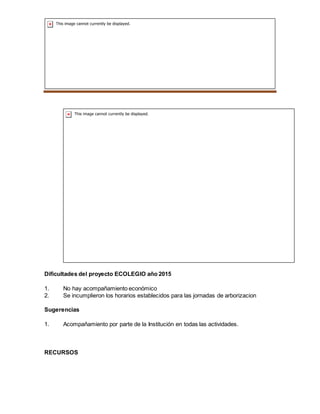 SEMILLEROS PLANTAS NATIVAS
Dificultades del proyecto ECOLEGIO año 2015
1. No hay acompañamiento económico
2. Se incumplieron los horarios establecidos para las jornadas de arborizacion
Sugerencias
1. Acompañamiento por parte de la Institución en todas las actividades.
RECURSOS
 