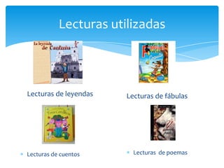 Lecturas utilizadas
Lecturas de leyendas
Lecturas de cuentos
Lecturas de fábulas
Lecturas de poemas
 