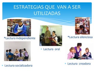 ESTRATEGIAS QUE VAN A SER
UTILIZADAS
*Lectura independiente
Lectura socializadora
*Lectura silenciosa
Lectura creadora
Lectura oral
 