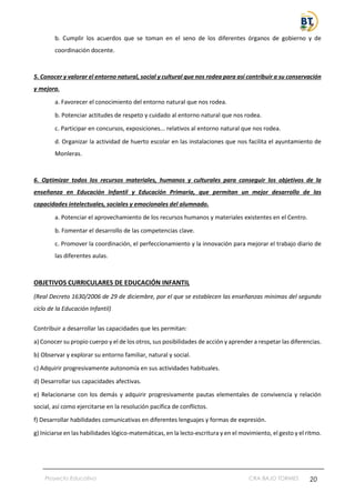 Proyecto Educativo CRA BAJO TORMES 20
b. Cumplir los acuerdos que se toman en el seno de los diferentes órganos de gobierno y de
coordinación docente.
5. Conocer y valorar el entorno natural, social y cultural que nos rodea para así contribuir a su conservación
y mejora.
a. Favorecer el conocimiento del entorno natural que nos rodea.
b. Potenciar actitudes de respeto y cuidado al entorno natural que nos rodea.
c. Participar en concursos, exposiciones... relativos al entorno natural que nos rodea.
d. Organizar la actividad de huerto escolar en las instalaciones que nos facilita el ayuntamiento de
Monleras.
6. Optimizar todos los recursos materiales, humanos y culturales para conseguir los objetivos de la
enseñanza en Educación Infantil y Educación Primaria, que permitan un mejor desarrollo de las
capacidades intelectuales, sociales y emocionales del alumnado.
a. Potenciar el aprovechamiento de los recursos humanos y materiales existentes en el Centro.
b. Fomentar el desarrollo de las competencias clave.
c. Promover la coordinación, el perfeccionamiento y la innovación para mejorar el trabajo diario de
las diferentes aulas.
OBJETIVOS CURRICULARES DE EDUCACIÓN INFANTIL
(Real Decreto 1630/2006 de 29 de diciembre, por el que se establecen las enseñanzas mínimas del segundo
ciclo de la Educación Infantil)
Contribuir a desarrollar las capacidades que les permitan:
a) Conocer su propio cuerpo y el de los otros, sus posibilidades de acción y aprender a respetar las diferencias.
b) Observar y explorar su entorno familiar, natural y social.
c) Adquirir progresivamente autonomía en sus actividades habituales.
d) Desarrollar sus capacidades afectivas.
e) Relacionarse con los demás y adquirir progresivamente pautas elementales de convivencia y relación
social, así como ejercitarse en la resolución pacífica de conflictos.
f) Desarrollar habilidades comunicativas en diferentes lenguajes y formas de expresión.
g) Iniciarse en las habilidades lógico-matemáticas, en la lecto-escritura y en el movimiento, el gesto y el ritmo.
 