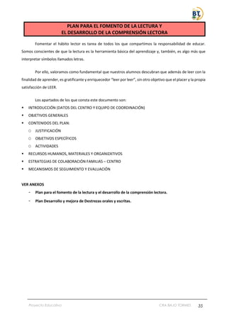 Proyecto Educativo CRA BAJO TORMES 35
PLAN PARA EL FOMENTO DE LA LECTURA Y
EL DESARROLLO DE LA COMPRENSIÓN LECTORA
Fomentar el hábito lector es tarea de todos los que compartimos la responsabilidad de educar.
Somos conscientes de que la lectura es la herramienta básica del aprendizaje y, también, es algo más que
interpretar símbolos llamados letras.
Por ello, valoramos como fundamental que nuestros alumnos descubran que además de leer con la
finalidad de aprender, es gratificante y enriquecedor “leer por leer”, sin otro objetivo que el placer y la propia
satisfacción de LEER.
Los apartados de los que consta este documento son:
▪ INTRODUCCIÓN (DATOS DEL CENTRO Y EQUIPO DE COORDINACIÓN)
▪ OBJETIVOS GENERALES
▪ CONTENIDOS DEL PLAN:
O JUSTIFICACIÓN
O OBJETIVOS ESPECÍFICOS
O ACTIVIDADES
▪ RECURSOS HUMANOS, MATERIALES Y ORGANIZATIVOS
▪ ESTRATEGIAS DE COLABORACIÓN FAMILIAS – CENTRO
▪ MECANISMOS DE SEGUIMIENTO Y EVALUACIÓN
VER ANEXOS
- Plan para el fomento de la lectura y el desarrollo de la comprensión lectora.
- Plan Desarrollo y mejora de Destrezas orales y escritas.
 