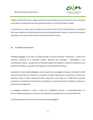 PROYECTO EDUCATIVO CUNISTA 2013
45
Trabajo y el Desarrollo Humano, espera impactar de manera positiva en la transformación social y cultural de
la sociedad y en la generación de nuevos profesionales bajo un criterio de formación integral.
En consecuencia, se espera que por medio de la Proyección Social la CUN, contribuya desde la socialización
de su labor académica, al fortalecimiento del conjunto de organizaciones, empresas, corporaciones y gremios
productivos, en los cuales tienen efecto los procesos formativos Cunistas.
3.8 EL ENFOQUE PEDAGÓGICO
El Modelo pedagógico de la CUN, se concibe teniendo en cuenta el horizonte Institucional, a partir de las
funciones sustantivas de la educación superior, aplicando unas estrategias metodológicas y una
fundamentación teórica, que garantizan la formación integral del estudiante. Lo anterior sustentado en una
planeación estratégica, una gestión, autorregulación y un mejoramiento continuo.
La aplicación de este modelo pedagógico, se hace a partir de una pedagogía conceptual, entendida en la CUN
como el desarrollo de tres conceptos que se piensan y trabajan integralmente: lo intelectual, lo afectivo y lo
expresivo, es decir, no sólo se desarrolla el saber y saber hacer, sino el saber ser, el saber sentir y proceder
rectamente, en beneficio del desarrollo de las inteligencias, la interpretación de la realidad que conlleva a la
formación por competencias.
La pedagogía conceptual se realiza a través de la flexibilidad curricular, la interdisciplinaridad y la
transversalidad para garantizar la formación y la evaluación por competencias, esencia de nuestro PEC.
En la siguiente gráfica se resume su estructura del modelo pedagógico:
 