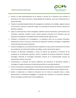 PROYECTO EDUCATIVO CUNISTA 2013
80
Permitir un mejor aprovechamiento de los talentos y recursos de la institución, para contribuir al
desarrollo de una mayor autonomía y responsabilidad del estudiante, como actor fundamental de su
proceso formativo.
Propiciar la movilidad estudiantil dentro de los programas y facultades, en los ámbitos, regional, nacional
e internacional y estimular su desarrollo integral, con capacidad de intervención asertiva y oportuna en
diferentes contextos.
Lograr la construcción de la cultura investigativa, mediante acciones transversales y permanentes en los
contenidos, materiales, actitudes, normas y demás aspectos curriculares de la formación, para dar
respuesta a los problemas y necesidades de la comunidad nacional, regional o local.
Fortalecer la articulación de la Investigación y la proyección social con los procesos formativos,
posibilitando el acceso a recursos y mecanismos de cooperación científica y tecnológica e integrándolas
al desarrollo del sector social y productivo.
Impulsar investigaciones, en las diferentes áreas y disciplinas con que cuenta la Institución de tal manera
que contribuyan con el desarrollo científico, tecnológico, social y cultural de las regiones.
Fortalecer las diferentes modalidades y centros de práctica que garanticen la formación de los
estudiantes en la planificación, ejecución, control y evaluación de proyectos productivos, innovación
tecnológica, desarrollo de tecnologías alternativas, fomento de la empresarialidad, procesos de
mejoramiento continuo, entre otros.
Institucionalizar la realización de eventos académicos que promuevan el intercambio científico y
tecnológico, la imagen institucional y el desarrollo personal de la comunidad académica.
Generar los escenarios y ambientes para el desarrollo de la empresarialidad, incentivando la articulación
entre la comunidad académica CUNISTA y el sector productivo en los ámbitos nacional, regional o local.
Diseñar e implementar un modelo de articulación con los niveles de educación básica y media,
determinando los lineamientos pedagógicos y de gestión que conduzcan a la formación académica,
técnica, tecnológica y profesional por ciclos propedéuticos.
 