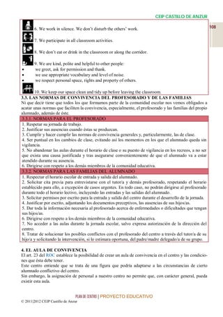 CEIP CASTILLO DE ANZUR

       6. We work in silence. We don’t disturb the others’ work.                                             108

       7. We participate in all classroom activities.

       8. We don’t eat or drink in the classroom or along the corridor.

       9. We are kind, polite and helpful to other people:
      we greet, ask for permission and thank.
      we use appropriate vocabulary and level of noise.
      we respect personal space, rights and property of others.

        10. We keep our space clean and tidy up before leaving the classroom.
3.3. LAS NORMAS DE CONVIVENCIA DEL PROFESORADO Y DE LAS FAMILIAS
Ni que decir tiene que todos los que formamos parte de la comunidad escolar nos vemos obligados a
acatar unas normas que faciliten la convivencia, especialmente, el profesorado y las familias del propio
alumnado, además de éste.
3.3.1. NORMAS PARA EL PROFESORADO
1. Respetar su jornada de trabajo.
2. Justificar sus ausencias cuando éstas se produzcan.
3. Cumplir y hacer cumplir las normas de convivencia generales y, particularmente, las de clase.
4. Ser puntual en los cambios de clase, evitando así los momentos en los que el alumnado queda sin
vigilancia.
5. No abandonar las aulas durante el horario de clase o su puesto de vigilancia en los recreos, a no ser
que exista una causa justificada y tras asegurarse convenientemente de que el alumnado va a estar
atendido durante su ausencia.
6. Dirigirse con respeto a los demás miembros de la comunidad educativa.
3.3.2. NORMAS PARA LAS FAMILIAS DEL ALUMNADO
1. Respectar el horario escolar de entrada y salida del alumnado.
2. Solicitar cita previa para entrevistarse con el tutor/a y demás profesorado, respetando el horario
establecido para ello, a excepción de casos urgentes. En todo caso, no podrán dirigirse al profesorado
durante todo el horario lectivo, incluyendo las entradas y las salidas del alumnado.
3. Solicitar permisos por escrito para la entrada y salida del centro durante el desarrollo de la jornada.
4. Justificar por escrito, adjuntando los documentos preceptivos, las ausencias de sus hijos/as.
5. Dar toda la información necesaria al profesorado acerca de enfermedades o dificultades que tengan
sus hijos/as.
6. Dirigirse con respeto a los demás miembros de la comunidad educativa.
7. No acceder a las aulas durante la jornada escolar, salvo expresa autorización de la dirección del
centro.
8. Tratar de solucionar los posibles conflictos con el profesorado del centro a través del tutor/a de su
hijo/a y solicitando la intervención, si lo estimara oportuna, del padre/madre delegado/a de su grupo.

4. EL AULA DE CONVIVENCIA
El art. 23 del ROC establece la posibilidad de crear un aula de convivencia en el centro y las condicio-
nes que ésta debe tener.
Este centro entiende que se trata de una figura que podría adaptarse a las circunstancias de cierto
alumnado conflictivo del centro.
Sin embargo, la asignación de personal a nuestro centro no permite que, con carácter general, pueda
existir esta aula.


                                 PLAN DE CENTRO | PROYECTO EDUCATIVO
© 2011|2012 CEIP Castillo de Anzur
 