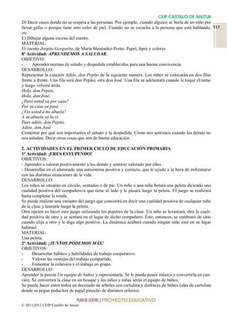 CEIP CASTILLO DE ANZUR
D) Decir casos donde no se respeta a las personas. Por ejemplo, cuando alguien se burla de un niño por
llevar gafas o porque tiene otro color de piel. Cuando no se escucha a la persona que está hablando, 117
etc.
E) Dibujar alguna escena del cuento.
MATERIAL:
El cuento Jorgito Gorgorito, de María Menéndez-Ponte. Papel, lápiz y colores.
8ª Actividad: APRENDEMOS A SALUDAR.
OBJETIVO:
-     Aprender normas de saludo y despedida establecidas para una buena convivencia.
DESARROLLO:
Representar la canción Adiós, don Pepito de la siguiente manera. Los niños se colocarán en dos filas
frente a frente. Una fila será don Pepito, otra don José. Una fila se adelantará cuando le toque el turno
y luego volverá atrás.
Hola, don Pepito,
Hola, don José,
¿Pasó usted ya por casa?
Por su casa ya pasé.
¿Vio usted a mi abuela?
A su abuela yo la vi.
Pues adiós, don Pepito.
Adiós, don José.
Comentar por qué son importantes el saludo y la despedida. Cómo nos sentimos cuando los demás no
nos saludan. Decir otras cosas que son de buena educación.

2. ACTIVIDADES EN EL PRIMER CICLO DE EDUCACIÓN PRIMARIA
1ª Actividad: ¡ERES ESTUPENDO!
OBJETIVOS:
- Aprender a valorar positivamente a los demás y sentirse valorado por ellos.
- Desarrollar en el alumnado una autoestima positiva y correcta, que le ayude a la hora de enfrentarse
con las distintas situaciones de la vida.
DESARROLLO:
Los niños se situarán en círculo, sentados o de pie. Un niño o una niña botará una pelota diciendo una
cualidad positiva del compañero/a que tiene al lado y le pasará luego la pelota. El juego se realizará
hasta completar la ronda.
Se puede realizar una variante del juego que consistirá en decir una cualidad positiva de cualquier niño
de la clase y lanzarle luego la pelota.
Otra opción es hacer este juego utilizando los pupitres de la clase. Un niño se levantará, dirá la cuali-
dad positiva de otro y se sentará en el lugar de dicho compañero. Éste, entonces, se cambiará de sitio
cuando elija a otro y le diga algo positivo. La dinámica acabará cuando ningún niño esté en su lugar
habitual.
MATERIAL:
Una pelota.
2ª Actividad: ¡JUNTOS PODEMOS MÁS!
OBJETIVOS:
-     Desarrollar hábitos y habilidades de trabajo cooperativo.
-     Valorar las ventajas del trabajo compartido.
-     Fomentar la cohesión y el trabajo en grupo.
DESARROLLO:
Aprender la poesía Un equipo de búhos y representarla. Se le puede poner música y convertirla en can-
ción. Se convertirá la clase en un bosque y los niños y niñas serán el equipo de búhos.
Se puede hacer entre todos un decorado de árboles con cartulina y disfraces de búhos (alas de cartulina
donde se pegan pedacitos de papel pinocho de distintos colores).

                                 PLAN DE CENTRO | PROYECTO EDUCATIVO
© 2011|2012 CEIP Castillo de Anzur
 