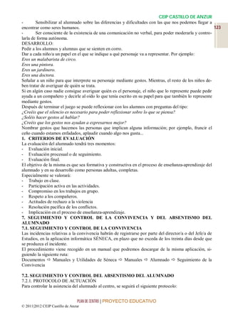CEIP CASTILLO DE ANZUR
-       Sensibilizar al alumnado sobre las diferencias y dificultades con las que nos podemos llegar a
encontrar como seres humanos.                                                                             123
-       Ser consciente de la existencia de una comunicación no verbal, para poder moderarla y contro-
larla de forma autónoma.
DESARROLLO:
Pedir a los alumnos y alumnas que se sienten en corro.
Dar a cada niño/a un papel en el que se indique a qué personaje va a representar. Por ejemplo:
Eres un malabarista de circo.
Eres una pintora.
Eres un jardinero.
Eres una doctora.
Señalar a un niño para que interprete su personaje mediante gestos. Mientras, el resto de los niños de-
ben tratar de averiguar de quién se trata.
Si en algún caso nadie consigue averiguar quién es el personaje, el niño que lo represente puede pedir
ayuda a un compañero y decirle al oído lo que tenía escrito en su papel para que también lo represente
mediante gestos.
Después de terminar el juego se puede reflexionar con los alumnos con preguntas del tipo:
¿Creéis que el silencio es necesario para poder reflexionar sobre lo que se piensa?
¿Soléis hacer gestos al hablar?
¿Creéis que los gestos nos ayudan a expresarnos mejor?
Nombrar gestos que hacemos las personas que implican alguna información; por ejemplo, fruncir el
ceño cuando estamos enfadados, aplaudir cuando algo nos gusta...
1. CRITERIOS DE EVALUACIÓN
La evaluación del alumnado tendrá tres momentos:
- Evaluación inicial.
- Evaluación procesual o de seguimiento.
- Evaluación final.
El objetivo de la misma es que sea formativa y constructiva en el proceso de enseñanza-aprendizaje del
alumnado y en su desarrollo como personas adultas, completas.
Especialmente se valorará:
- Trabajo en clase.
- Participación activa en las actividades.
- Compromiso en los trabajos en grupo.
- Respeto a los compañeros.
- Actitudes de rechazo a la violencia
- Resolución pacífica de los conflictos.
- Implicación en el proceso de enseñanza-aprendizaje.
7. SEGUIMIENTO Y CONTROL DE LA CONVIVENCIA Y DEL ABSENTISMO DEL
ALUMNADO
7.1. SEGUIMIENTO Y CONTROL DE LA CONVIVENCIA
Las incidencias relativas a la convivencia habrán de registrarse por parte del director/a o del Jefe/a de
Estudios, en la aplicación informática SÉNECA, en plazo que no exceda de los treinta días desde que
se produzca el incidente.
El procedimiento viene recogido en un manual que podremos descargar de la misma aplicación, si-
guiendo la siguiente ruta:
Documentos  Manuales y Utilidades de Séneca  Manuales  Alumnado  Seguimiento de la
Convivencia

7.2. SEGUIMIENTO Y CONTROL DEL ABSENTISMO DEL ALUMNADO
7.2.1. PROTOCOLO DE ACTUACIÓN
Para controlar la asistencia del alumnado al centro, se seguirá el siguiente protocolo:


                                 PLAN DE CENTRO | PROYECTO EDUCATIVO
© 2011|2012 CEIP Castillo de Anzur
 
